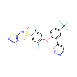 O=S(=O)(Nc1ncns1)c1cc(F)c(Oc2ccc(C(F)(F)F)cc2-c2ccnnc2)cc1F ZINC000095585683