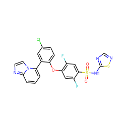 O=S(=O)(Nc1ncns1)c1cc(F)c(Oc2ccc(Cl)cc2-c2cccc3nccn23)cc1F ZINC000220682470