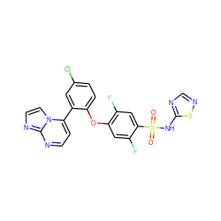 O=S(=O)(Nc1ncns1)c1cc(F)c(Oc2ccc(Cl)cc2-c2ccnc3nccn23)cc1F ZINC000205532878