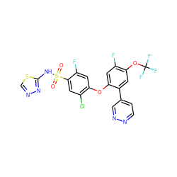 O=S(=O)(Nc1nncs1)c1cc(Cl)c(Oc2cc(F)c(OC(F)(F)F)cc2-c2ccnnc2)cc1F ZINC000095584007