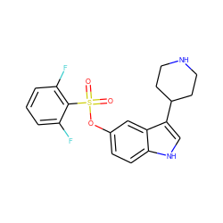 O=S(=O)(Oc1ccc2[nH]cc(C3CCNCC3)c2c1)c1c(F)cccc1F ZINC000028474435