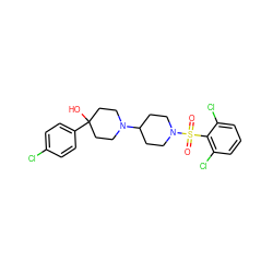 O=S(=O)(c1c(Cl)cccc1Cl)N1CCC(N2CCC(O)(c3ccc(Cl)cc3)CC2)CC1 ZINC000029125594