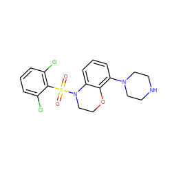 O=S(=O)(c1c(Cl)cccc1Cl)N1CCOc2c(N3CCNCC3)cccc21 ZINC000028948449