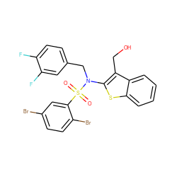 O=S(=O)(c1cc(Br)ccc1Br)N(Cc1ccc(F)c(F)c1)c1sc2ccccc2c1CO ZINC000115232147