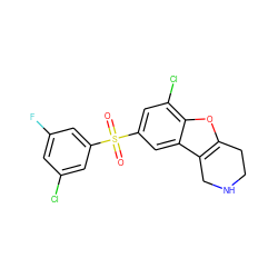 O=S(=O)(c1cc(F)cc(Cl)c1)c1cc(Cl)c2oc3c(c2c1)CNCC3 ZINC000147559810