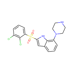 O=S(=O)(c1cc2cccc(N3CCNCC3)c2[nH]1)c1cccc(Cl)c1Cl ZINC000003942954