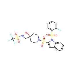 O=S(=O)(c1cc2ccccc2n1S(=O)(=O)c1ccccc1F)N1CCC(O)(CNS(=O)(=O)C(F)(F)F)CC1 ZINC000064527540