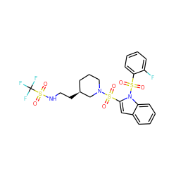 O=S(=O)(c1cc2ccccc2n1S(=O)(=O)c1ccccc1F)N1CCC[C@H](CCNS(=O)(=O)C(F)(F)F)C1 ZINC000064528040