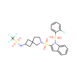 O=S(=O)(c1cc2ccccc2n1S(=O)(=O)c1ccccc1F)N1CCC2(CC(NS(=O)(=O)C(F)(F)F)C2)C1 ZINC000064526344