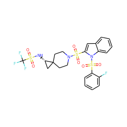 O=S(=O)(c1cc2ccccc2n1S(=O)(=O)c1ccccc1F)N1CCC2(CC1)C[C@@H]2NS(=O)(=O)C(F)(F)F ZINC000043103655