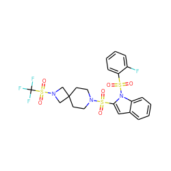 O=S(=O)(c1cc2ccccc2n1S(=O)(=O)c1ccccc1F)N1CCC2(CC1)CN(S(=O)(=O)C(F)(F)F)C2 ZINC000064526929