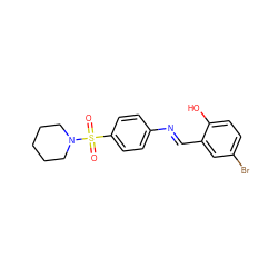 O=S(=O)(c1ccc(/N=C/c2cc(Br)ccc2O)cc1)N1CCCCC1 ZINC000000672186