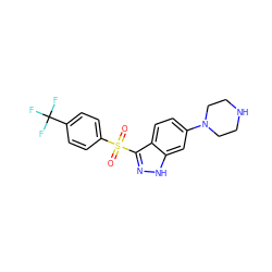 O=S(=O)(c1ccc(C(F)(F)F)cc1)c1n[nH]c2cc(N3CCNCC3)ccc12 ZINC000064436949