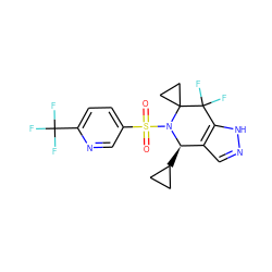 O=S(=O)(c1ccc(C(F)(F)F)nc1)N1[C@H](C2CC2)c2cn[nH]c2C(F)(F)C12CC2 ZINC000049035376