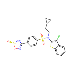 O=S(=O)(c1ccc(C2=NO[S@@+]([O-])N2)cc1)N(CCC1CC1)c1sc2ccccc2c1Cl ZINC000115232441