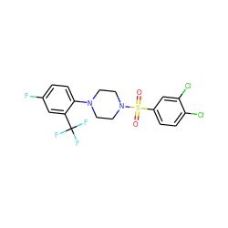 O=S(=O)(c1ccc(Cl)c(Cl)c1)N1CCN(c2ccc(F)cc2C(F)(F)F)CC1 ZINC000040410824