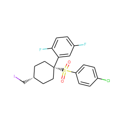 O=S(=O)(c1ccc(Cl)cc1)[C@]1(c2cc(F)ccc2F)CC[C@H](CI)CC1 ZINC000100419943