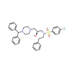 O=S(=O)(c1ccc(Cl)cc1)N(CCc1ccccc1)C[C@@H](O)CN1CCN(C(c2ccccc2)c2ccccc2)CC1 ZINC000064448543