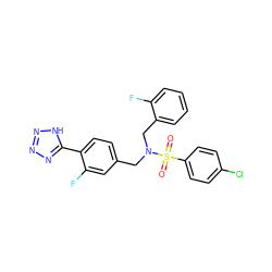 O=S(=O)(c1ccc(Cl)cc1)N(Cc1ccc(-c2nnn[nH]2)c(F)c1)Cc1ccccc1F ZINC000049047133