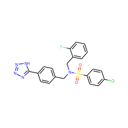 O=S(=O)(c1ccc(Cl)cc1)N(Cc1ccc(-c2nnn[nH]2)cc1)Cc1ccccc1F ZINC000049089952