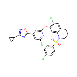 O=S(=O)(c1ccc(Cl)cc1)N1CCCc2cc(Cl)c(Oc3cc(-c4nc(C5CC5)no4)cc(Cl)n3)cc21 ZINC000103263436