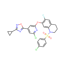 O=S(=O)(c1ccc(Cl)cc1)N1CCCc2cc(F)c(Oc3cc(-c4nc(C5CC5)no4)cc(Cl)n3)cc21 ZINC000103263434