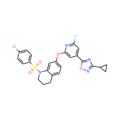 O=S(=O)(c1ccc(Cl)cc1)N1CCCc2ccc(Oc3cc(-c4nc(C5CC5)no4)cc(F)n3)cc21 ZINC000103264597