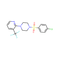 O=S(=O)(c1ccc(Cl)cc1)N1CCN(c2ncccc2C(F)(F)F)CC1 ZINC000020405018