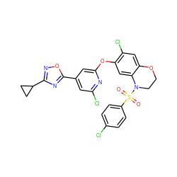 O=S(=O)(c1ccc(Cl)cc1)N1CCOc2cc(Cl)c(Oc3cc(-c4nc(C5CC5)no4)cc(Cl)n3)cc21 ZINC000103263447