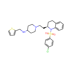 O=S(=O)(c1ccc(Cl)cc1)N1c2ccccc2CC[C@@H]1CCN1CCC(NCc2cccs2)CC1 ZINC000045298403