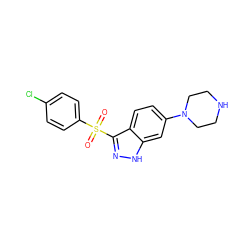 O=S(=O)(c1ccc(Cl)cc1)c1n[nH]c2cc(N3CCNCC3)ccc12 ZINC000064446841