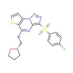 O=S(=O)(c1ccc(Cl)cc1)c1nnn2c1nc(NC[C@@H]1CCCO1)c1sccc12 ZINC000020516352