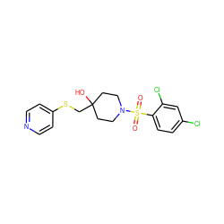 O=S(=O)(c1ccc(Cl)cc1Cl)N1CCC(O)(CSc2ccncc2)CC1 ZINC000169329146