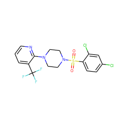 O=S(=O)(c1ccc(Cl)cc1Cl)N1CCN(c2ncccc2C(F)(F)F)CC1 ZINC000029045783