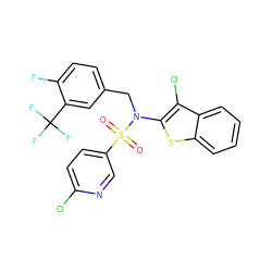 O=S(=O)(c1ccc(Cl)nc1)N(Cc1ccc(F)c(C(F)(F)F)c1)c1sc2ccccc2c1Cl ZINC001772655621