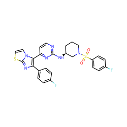 O=S(=O)(c1ccc(F)cc1)N1CCC[C@H](Nc2nccc(-c3c(-c4ccc(F)cc4)nc4sccn34)n2)C1 ZINC000148958892
