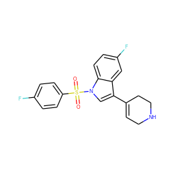 O=S(=O)(c1ccc(F)cc1)n1cc(C2=CCNCC2)c2cc(F)ccc21 ZINC000028129006