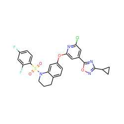 O=S(=O)(c1ccc(F)cc1F)N1CCCc2ccc(Oc3cc(-c4nc(C5CC5)no4)cc(Cl)n3)cc21 ZINC000103264584