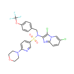 O=S(=O)(c1ccc(N2CCOCC2)nc1)N(Cc1ccc(OC(F)(F)F)cc1)c1nc2ccc(Cl)cn2c1Cl ZINC000167643814