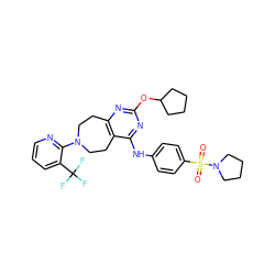 O=S(=O)(c1ccc(Nc2nc(OC3CCCC3)nc3c2CCN(c2ncccc2C(F)(F)F)CC3)cc1)N1CCCC1 ZINC000144202609