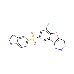 O=S(=O)(c1ccc2[nH]ccc2c1)c1cc(Cl)c2oc3c(c2c1)CNCC3 ZINC000147489679