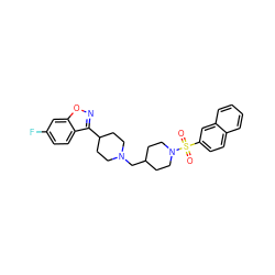 O=S(=O)(c1ccc2ccccc2c1)N1CCC(CN2CCC(c3noc4cc(F)ccc34)CC2)CC1 ZINC000653784899