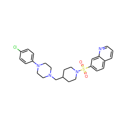 O=S(=O)(c1ccc2cccnc2c1)N1CCC(CN2CCN(c3ccc(Cl)cc3)CC2)CC1 ZINC000073278780