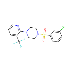 O=S(=O)(c1cccc(Cl)c1)N1CCN(c2ncccc2C(F)(F)F)CC1 ZINC000029045977