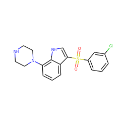 O=S(=O)(c1cccc(Cl)c1)c1c[nH]c2c(N3CCNCC3)cccc12 ZINC000028526585