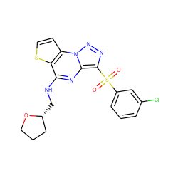 O=S(=O)(c1cccc(Cl)c1)c1nnn2c1nc(NC[C@@H]1CCCO1)c1sccc12 ZINC000010272519