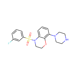 O=S(=O)(c1cccc(F)c1)N1CCOc2c(N3CCNCC3)cccc21 ZINC000028948458