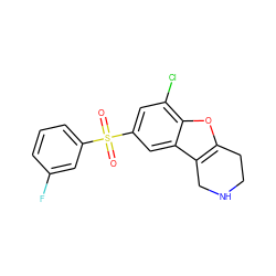 O=S(=O)(c1cccc(F)c1)c1cc(Cl)c2oc3c(c2c1)CNCC3 ZINC000143327765