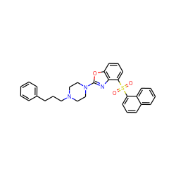 O=S(=O)(c1cccc2ccccc12)c1cccc2oc(N3CCN(CCCc4ccccc4)CC3)nc12 ZINC000040392278