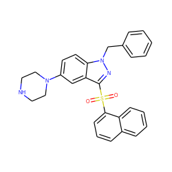 O=S(=O)(c1cccc2ccccc12)c1nn(Cc2ccccc2)c2ccc(N3CCNCC3)cc12 ZINC000064453926